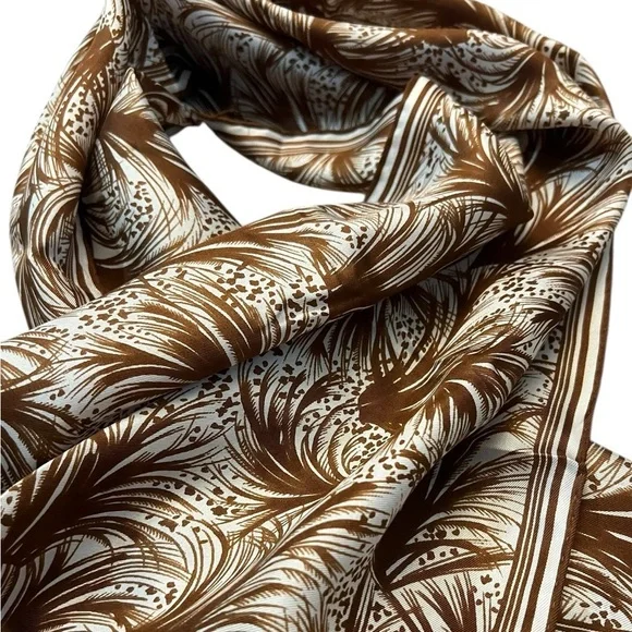 Vintage Burmel Hand Rolled Oblong Brown & White Frond Print Silk Scarf 15x 43 - Picture 4 of 5